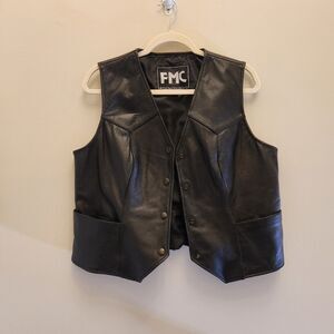 Vtg FMC Women's Black Leather Vest Sz XL Pockets Motorcycle Biker Grunge Punk